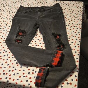 Judy Blue Charcoal Skinny Jeans with Red Plaid Details